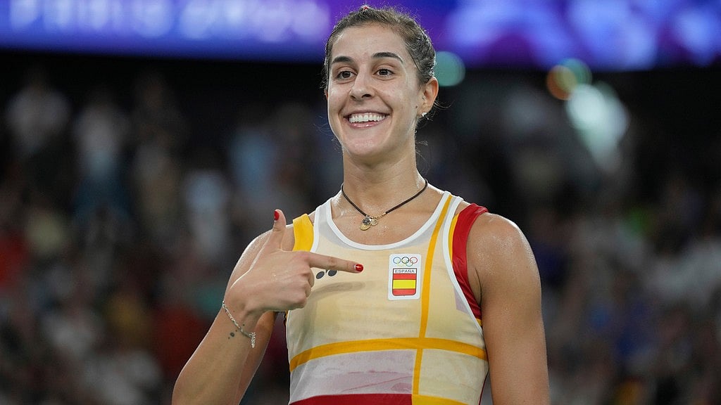 Spain's Carolina Marin celebrates after defeating Japan's Aya Ohori during their women's singles badminton quarterfinal match at the 2024 Paris Olympics. - File/AP