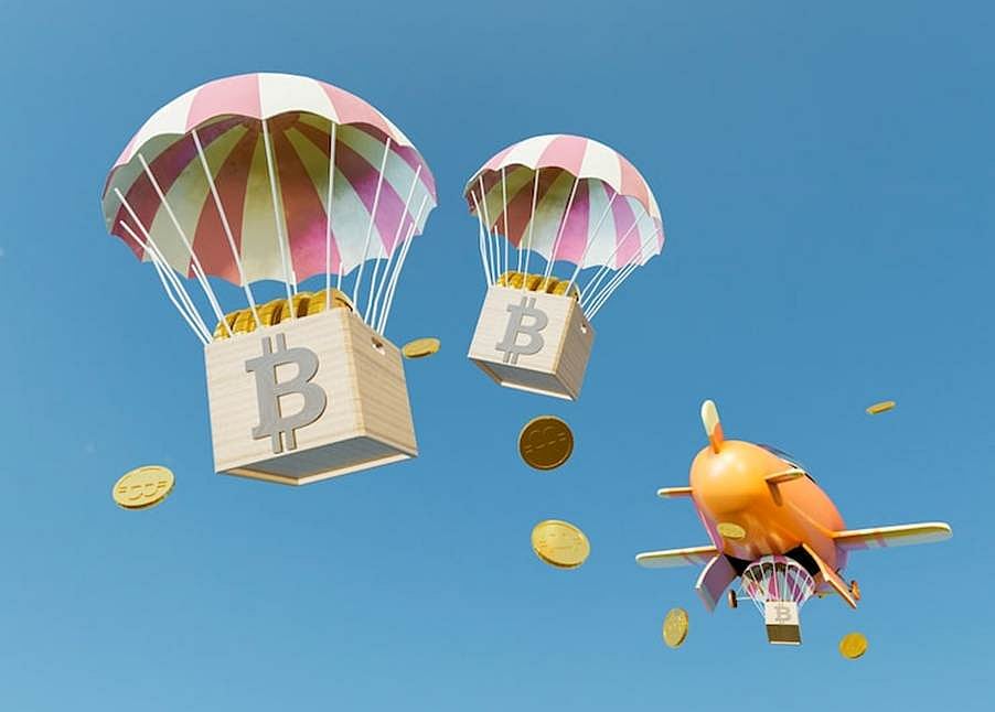 Bitcoin boxes with parachutes falling from the sky next to a small airplane.