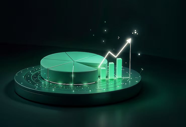 Glowing 3D pie chart and bar graph with rising arrow on dark background
