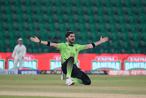 Lahore Qalandars' Shaheen Shah Afridi appeals unsuccessful LBW out of Hyderabad Kingsmen Saim Ayub during the opening cricket match of the Pakistan Super League between Lahore Qalandars and Hyderabad Kingsmen, which taking place without spectators, in Lahore, Pakistan.