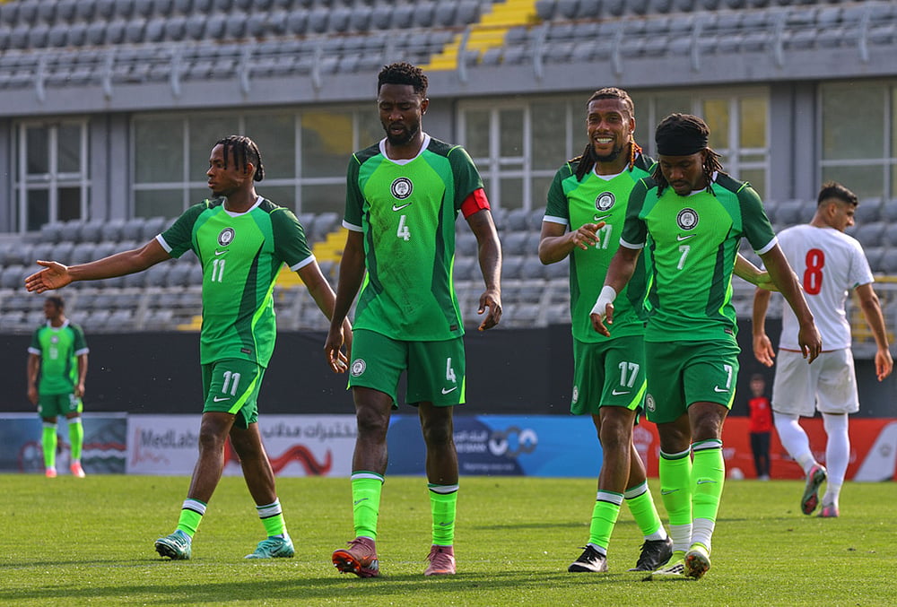 | Photo: AP/Riza Ozel : Nigeria's players celebrate after teammate Akor Adams scored their side's second goal during a friendly soccer match between Iran and Nigeria in Antalya, southern Turkey.
