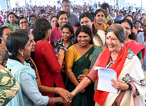 CPI (M) leader Brinda Karat during a rally ahead of the Kerala Assembly elections, in Thiruvananthapuram.
