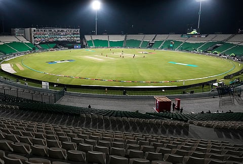 A view of the Gaddafi Stadium, where opening cricket match of the Pakistan Super League between Lahore Qalandars and Hyderabad Kingsmen, is taking place without spectators, in Lahore, Pakistan.