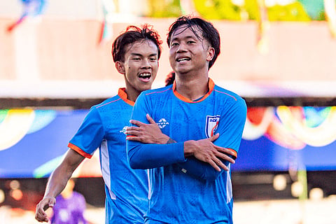 Omang Dodum celebrating after scoring goal against Pakistan in SAFF U20 Championships 2026.