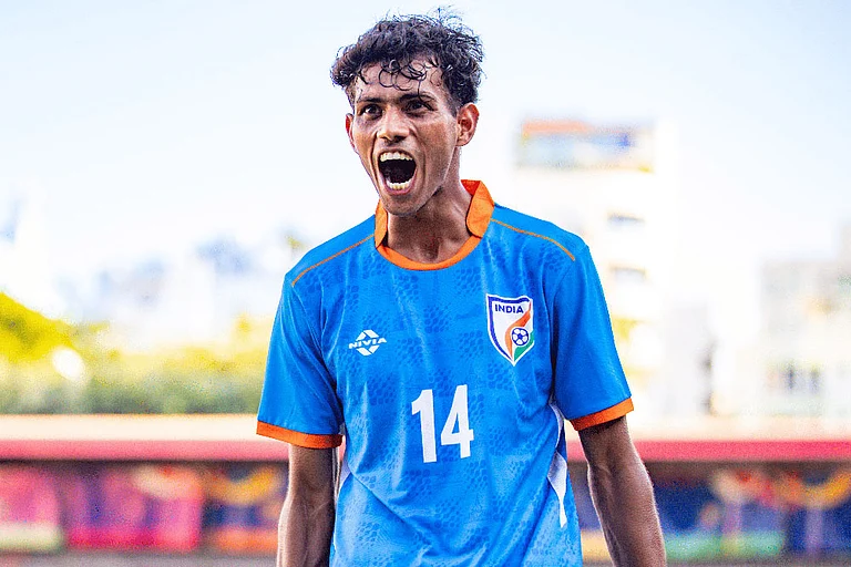 Vishal Yadav celebrating after scoring goal against Pakistan in SAFF U20 Championships 2026. - | Photo: Special Arrangement