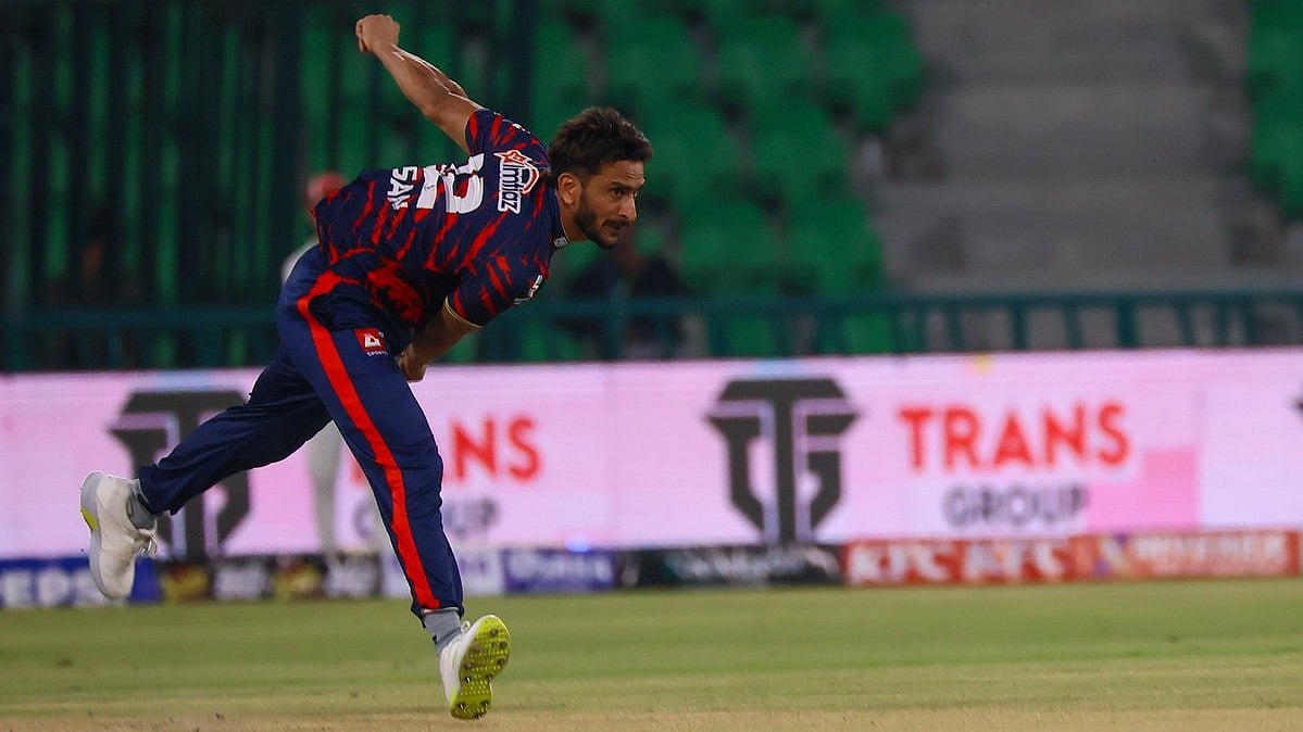 Hasan Ali in action against Quetta Gladiators PSL 2026 match.  - thepslt20/X