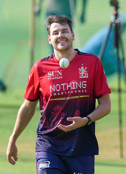 Royal Challengers Bengaluru’s Jacob Duffy during a practice session ahead of the Indian Premier League (IPL) 2026 cricket match against Sunrisers Hyderabad, at M. Chinnaswamy Stadium in Bengaluru.