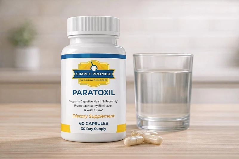Paratoxil supplement bottle with water and capsules