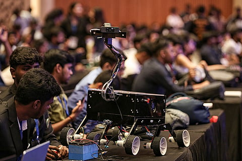Youth innovators during the India Innovates 2026 event, at Bharat Mandapam, in New Delhi.