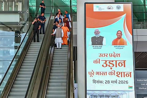 In this screengrab from a video posted on March 28, 2026, Prime Minister Narendra Modi with Union Civil Aviation Minister Kinjarapu Ram Mohan Naidu, Uttar Pradesh Chief Minister Yogi Adityanath, Governor Anandiben Patel, and others, during inauguration of the newly constructed Noida International Airport, in Noida, Uttar Pradesh.
