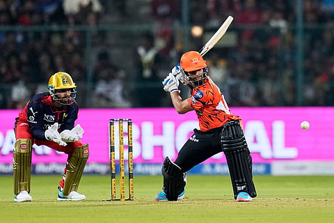 Sunrisers Hyderabad's Aniket Verma plays a shot during the Indian Premier League cricket match between Royal Challengers Bengaluru and Sunrisers Hyderabad in Bengaluru, India.