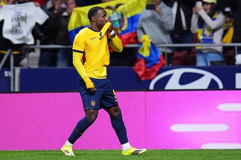 Ecuador's John Jeboah celebrates after scoring during a friendly soccer match between Morocco and Ecuador in Madrid, Spain.