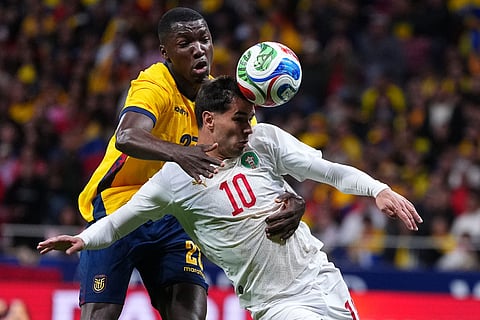 Ecuador's Moises Caicedo, left, and Morocco's Brahim Abdelkader Díaz pfp during a friendly soccer match between Morocco and Ecuador in Madrid, Spain.