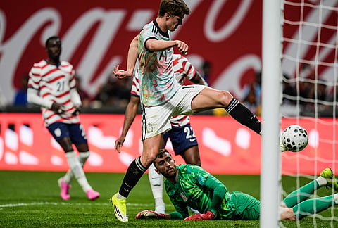 Belgium's Charles De Ketelaere (17) shoots past United States goalkeeper Matt Turner (1) that was ruled no goal during the first half of an international friendly soccer match in Atlanta.