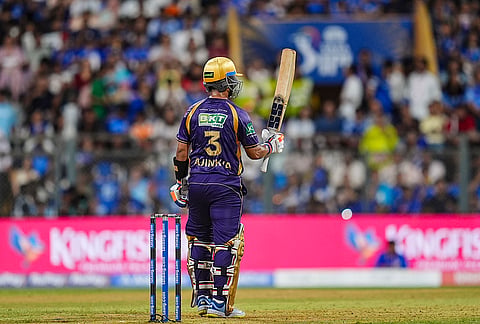 Kolkata Knight Riders' captain Ajinkya Rahane celebrates his half century during an Indian Premier League (IPL) 2026 T20 cricket match between Mumbai Indians and Kolkata Knight Riders, at the Wankhede Stadium, in Mumbai, Maharashtra.