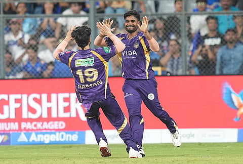 Kolkata Knight Riders players celebrate the wicket of Mumbai Indians' Ryan Rickelton during the Indian Premier League cricket match between Mumbai Indians and Kolkata Knight Riders in Mumbai.