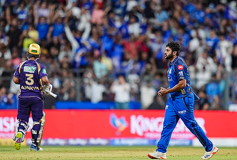 Mumbai Indians' Shardul Thakur celebrates the wicket of Kolkata Knight Riders' Finn Allen during an Indian Premier League (IPL) 2026 T20 cricket match between Mumbai Indians and Kolkata Knight Riders, at the Wankhede Stadium, in Mumbai, Maharashtra.