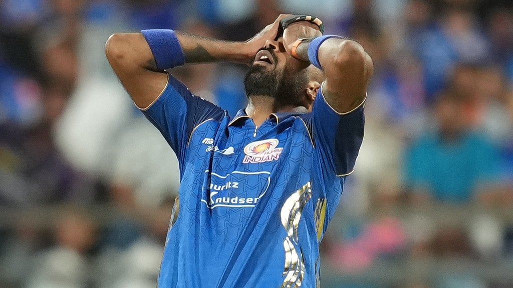Mumbai Indians' captain Hardik Pandya reacts after bowls a delivery during the Indian Premier League cricket match between Mumbai Indians and Kolkata Knight Riders in Mumbai, India, Sunday, March 29, 2026. - AP Photo/Rafiq Maqbool