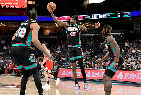 Memphis Grizzlies forward GG Jackson II (45) grabs a rebound in the first half of an NBA basketball game against the Chicago Bulls in Memphis, Tennessee.