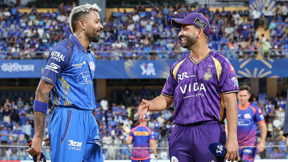 Hardik Pandya and Ajinkya Rahane at MI vs KKR IPL 2026 match toss at Wankhede Stadium in Mumbai.  - IPL/X