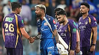 KKR Vs MI Hourly Weather, IPL 2026: Will Rain Play Spoilsport During Today's Indian Premier League Match In Kolkata? | Photo: AP/Rafiq Maqbool : Mumbai Indians' captain Hardik Pandya, second left, shake hands with Kolkata Knight Riders' Kartik Tyagi after won the match during the Indian Premier League cricket match between Mumbai Indians and Kolkata Knight Riders in Mumbai.