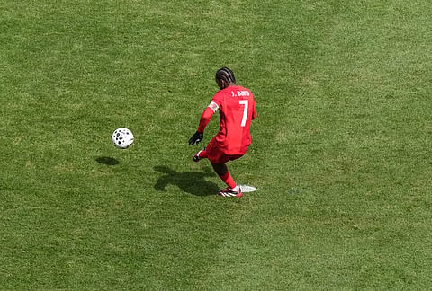 Canada's Jonathan David scores his second penalty to tie the score against Iceland during an international friendly soccer match in Toronto.