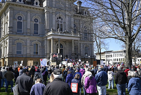 "No Kings" protesters hold a rally in Newark, Ohio.