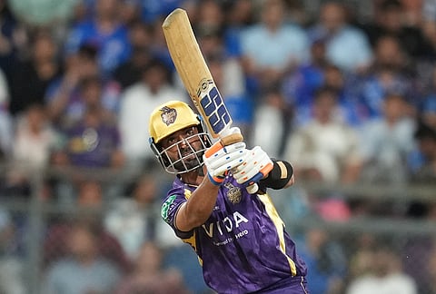 Kolkata Knight Riders' captain Ajinkya Rahane plays a shot during the Indian Premier League cricket match between Mumbai Indians and Kolkata Knight Riders in Mumbai.