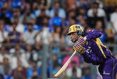 Kolkata Knight Riders' Angkrish Raghuvanshi plays a shot during an Indian Premier League (IPL) 2026 T20 cricket match between Mumbai Indians and Kolkata Knight Riders, at the Wankhede Stadium, in Mumbai.