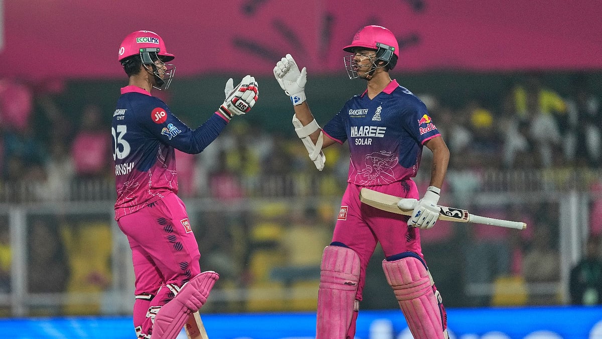 AP Photo : Rajasthan Royals' Vaibhav Sooryavanshi, left, celebrates his fifty runs with his batting partner Yashasvi Jaiswal during the Indian Premier League cricket match between Chennai Super Kings and Rajasthan Royals in Guwahati, India, Monday, March 30, 2026.