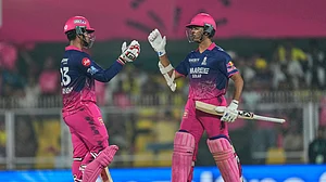 AP Photo : Rajasthan Royals' Vaibhav Sooryavanshi, left, celebrates his fifty runs with his batting partner Yashasvi Jaiswal during the Indian Premier League cricket match between Chennai Super Kings and Rajasthan Royals in Guwahati, India, Monday, March 30, 2026.