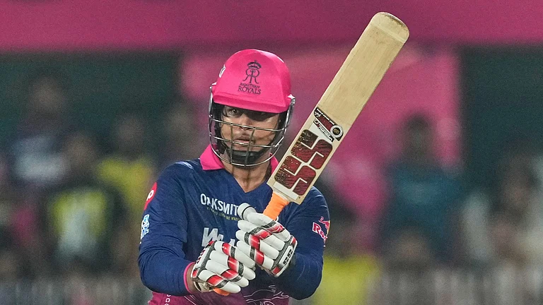Rajasthan Royals' Vaibhav Sooryavanshi watches the ball after playing a shot during the Indian Premier League cricket match between Chennai Super Kings and Rajasthan Royals in Guwahati, India, Monday, March 30, 2026. - AP Photo