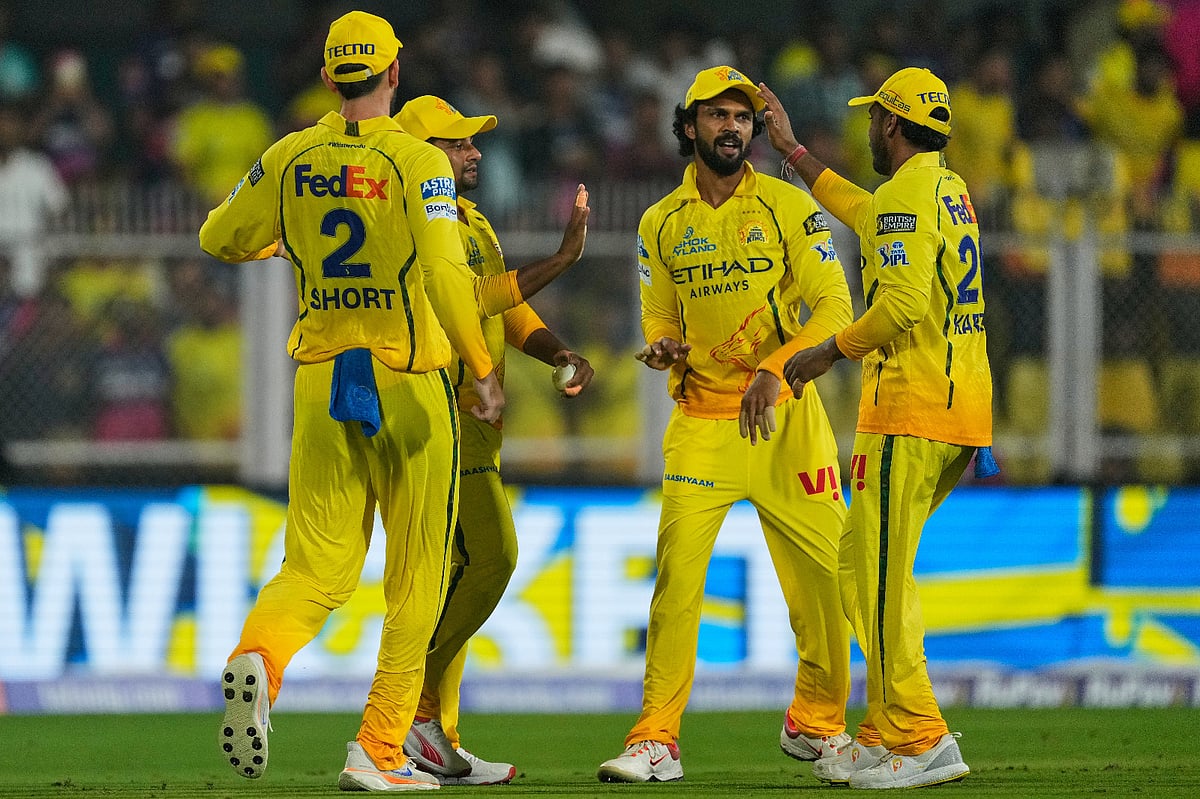 Chennai Super Kings players celebrates the wicket of Rajasthan Royals' Vaibhav Sooryavanshi during the Indian Premier League cricket match between Chennai Super Kings and Rajasthan Royals in Guwahati, India, Monday, March 30, 2026.