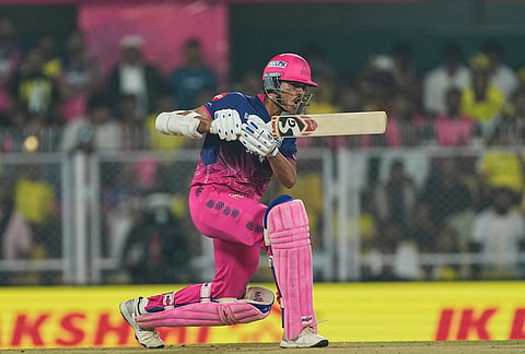 Rajasthan Royals' Yashasvi Jaiswal plays a shot during the Indian Premier League cricket match between Chennai Super Kings and Rajasthan Royals in Guwahati.