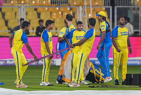 Chennai Super Kings' players during a practice session ahead of an Indian Premier League (IPL) 2026 T20 cricket match between Rajasthan Royals and Chennai Super Kings, at ACA Stadium, Barsapara, in Guwahati, Assam.