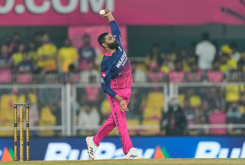 Rajasthan Royals' Ravindra Jadeja bowls a delivery during the Indian Premier League cricket match between Chennai Super Kings and Rajasthan Royals in Guwahati.