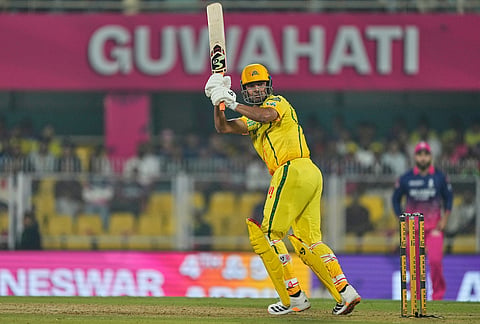 Chennai Super Kings' Anshul Kamboj plays a shot during the Indian Premier League cricket match between Chennai Super Kings and Rajasthan Royals in Guwahati.