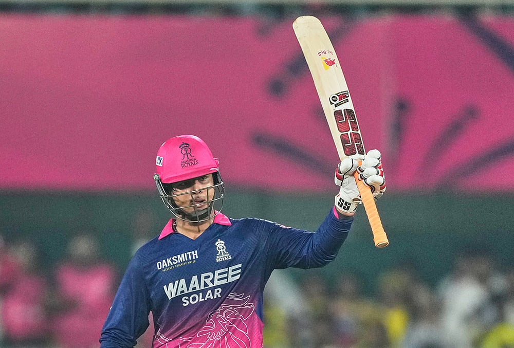 | Photo: AP/Anupam Nath : Rajasthan Royals' Vaibhav Sooryavanshi celebrates his fifty runs during the Indian Premier League cricket match between Chennai Super Kings and Rajasthan Royals in Guwahati.