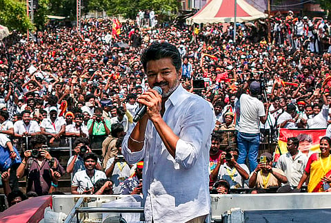 Tamilaga Vettri Kazhagam (TVK) chief and actor Vijay campaigns after filing his nomination papers for the Tamil Nadu Assembly elections from the Perambur constituency, in Chennai. 