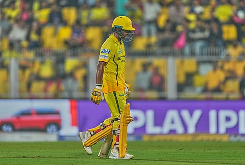 Chennai Super Kings' Kartik Sharma leaves the ground after losing his wicket during the Indian Premier League cricket match between Chennai Super Kings and Rajasthan Royals in Guwahati.