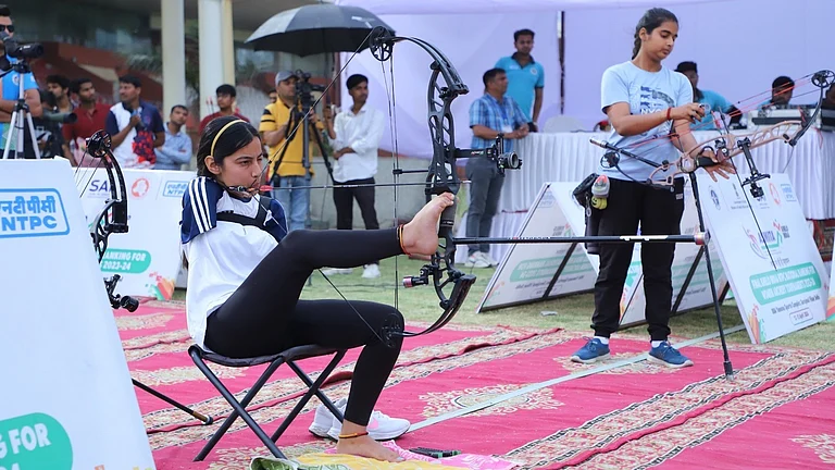 Indian para archer Sheetal Devi in action at a Khelo India meet in April 2024. - File