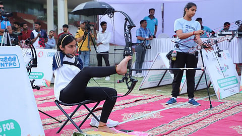 Indian para archer Sheetal Devi in action at a Khelo India meet in April 2024.