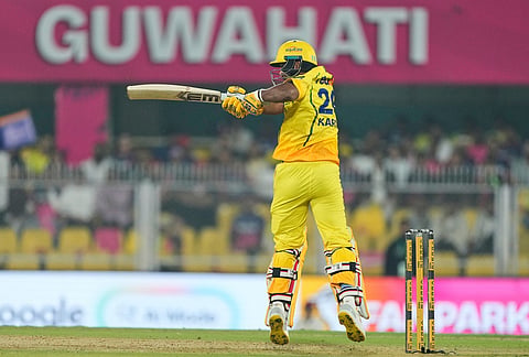 Chennai Super Kings' Kartik Sharma plays a shot during the Indian Premier League cricket match between Chennai Super Kings and Rajasthan Royals in Guwahati.