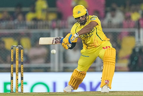 Chennai Super Kings' Sarfaraz Khan plays a shot during the Indian Premier League cricket match between Chennai Super Kings and Rajasthan Royals in Guwahati.