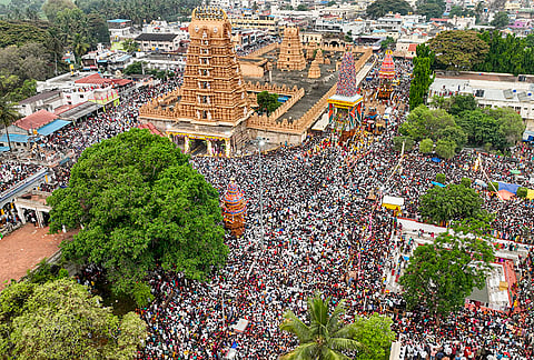 A large number of people gather during the 'Gowthama Pancha Maha Rathotsava' chariot festival at the Srikanteshwara Temple, in Nanjangud, Karnataka.