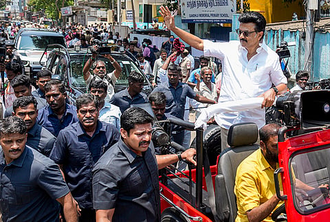 Tamil Nadu Chief Minister and DMK President MK Stalin campaigns after filing his nomination papers from the Kolathur constituency ahead of the Tamil Nadu Assembly elections, in Chennai.