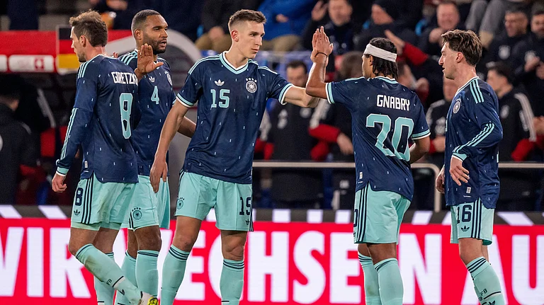 Germany's players celebrate their goal during an international friendly soccer match between Switzerland and Germany in Basel, Switzerland, Friday, March 27, 2026. - | Photo: AP/GEORGIOS KEFALAS