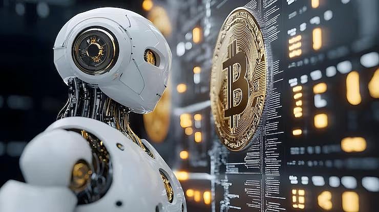 Robot looking at a Bitcoin on a digital screen - null