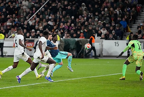 Deniz Undav of Germany scores his side's second goal during an international friendly soccer match between Germany and Ghana in Stuttgart, Germany.
