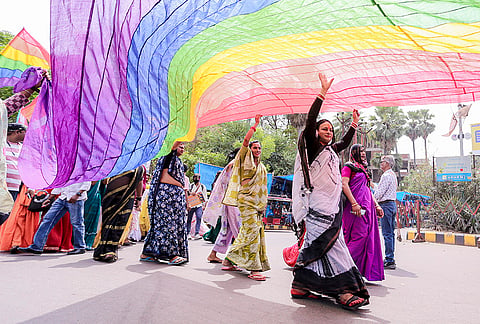 Sanatani Kinnar Akhada members and people from the LGBTQ+ community take part in Queer Pride Parade on International Transgender Day of Visibility, in Prayagraj, Uttar Pradesh.